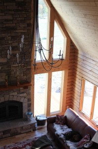Great Room overview from the loft...custom made wrought iron chandelier from Hubbarton Forge in Vermont