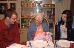 Great Grandma Hensinger meets Sophia with cousin Dana watching